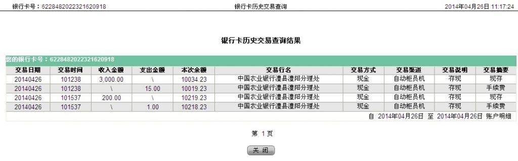 4月19日常德鸿鹰公司汇款3300元至农行卡