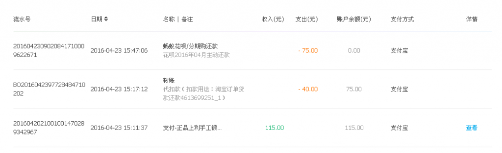 4月23日淮安客户转帐115元至支付宝帐户