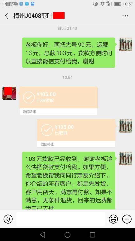 6月11日惠州客户转账103元至微信账户